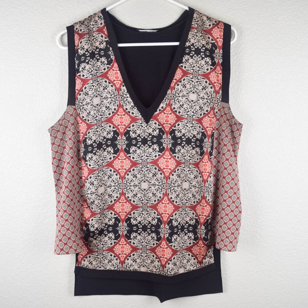 Zara WB Collection Women L Brown Black Mixed Print Knit Layer V-Neck Tank Top